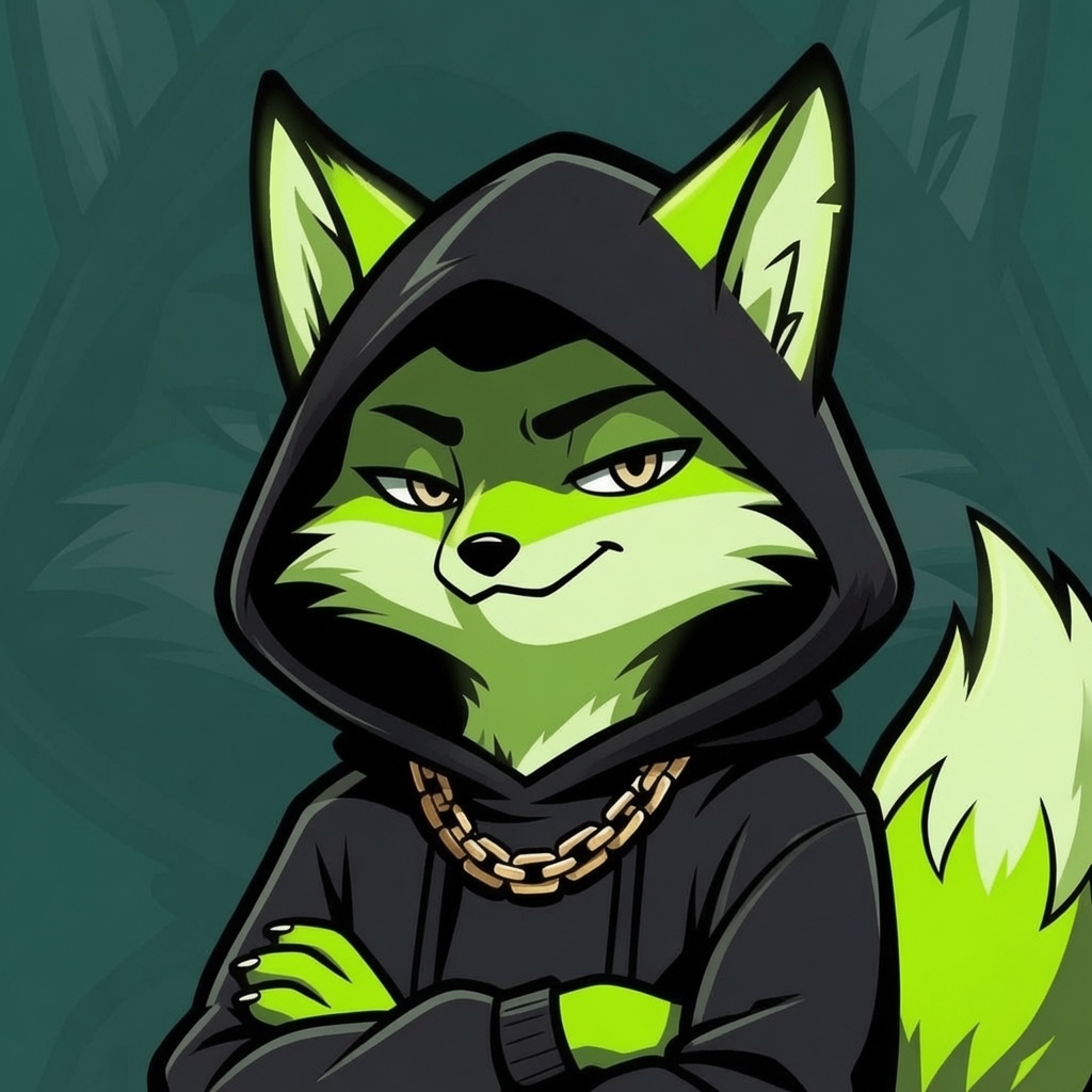 Hoodlum: a smirking lime-green fox in a black hoodie with gold chains, arms crossed